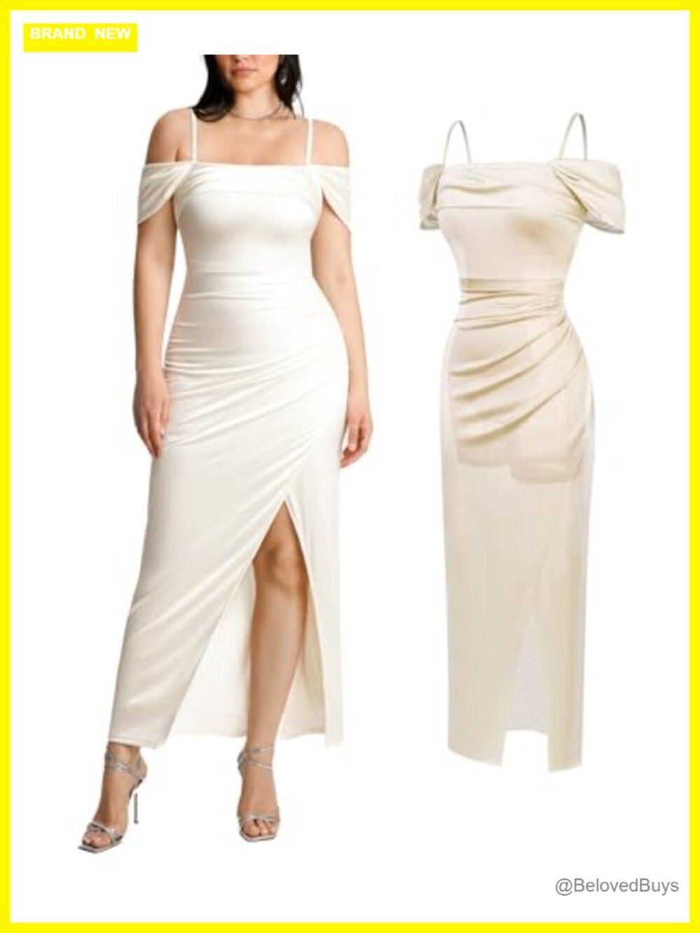 Popilush Off Shoulder Maxi Dress Built-In Shapewear Ruched High Slit Formal